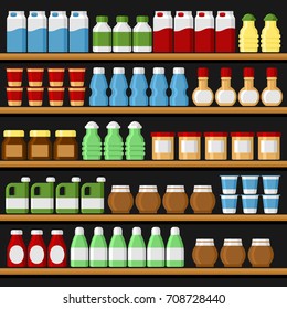Supermarket. Shelfs Shelves with Products and Drinks. Vector
