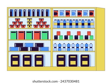 Estantes de supermercado 2D objeto de dibujos animados lineal. Estante de la tienda de comestibles línea aislada elemento vector fondo blanco. Exhibición del producto del supermercado. Tienda de productos alimenticios merchandising color plano ilustración