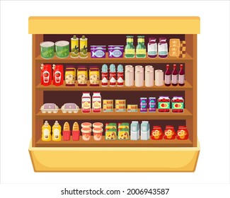 supermarket shelves with assortment food products and drinks flat colorful cartoon vector illustration.food products on shop shelf supermarket shopping image.store shelves full of groceries.