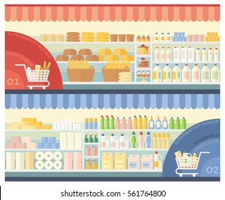 Supermarket shelves with bakery products, dairy products and household chemicals.