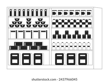 Estantes de supermercado blanco y negro 2D línea de dibujos animados objeto. Estante de la tienda de comestibles aislado vector elemento de contorno. Exhibición del producto del supermercado. Tienda de productos alimenticios merchandising monocromática ilustración de punto plano