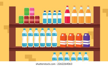 Supermarket shelves with bottles of water and milk. Vector illustration in flat style