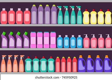 Supermarket shelves with cosmetic, detergent, hair care products . Vector illustration