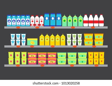 Supermarket shelves with dairy produce. Flat style vector illustration