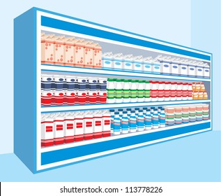 Supermarket shelves with dairy products. vector, color full, no gradient