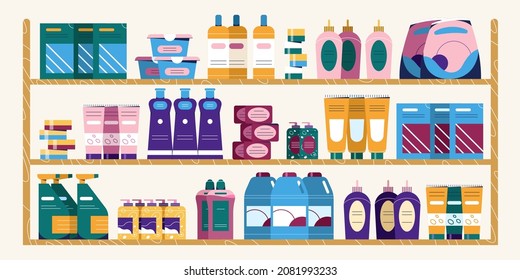 Supermarket shelves with detergent bottles and chemical cleaning supplies. Flat shelf with household chemicals, washing powder, personal hygiene items. Dometic chemistry store. Cleanser display racks.