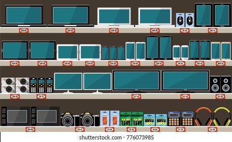 Supermarket, shelves with electronics and gadgets. Vector illustration