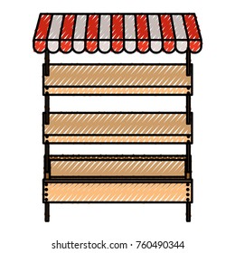 supermarket shelves empty with three levels and sunshade in colored crayon silhouette