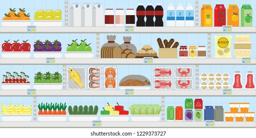 Supermarket shelves with food and drinks, fruits, vegetables, bread, milk and grocery, vector illustration