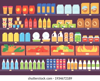 Supermarket Shelves With Food Products. Grocery Store Shelf With Assortment, Pasta, Diary, Flour, Fruits And Drinks. Market Vector Concept