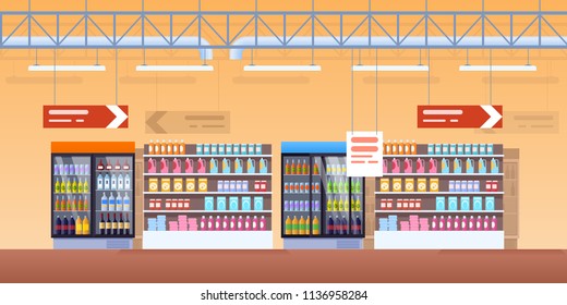 Supermarket shelves, fridge with drinks. Buying in supermarket, store. Shelves with juice, carbonated water, alcoholic beverages. Interior of room with advertising, surroundings. Vector illustration.