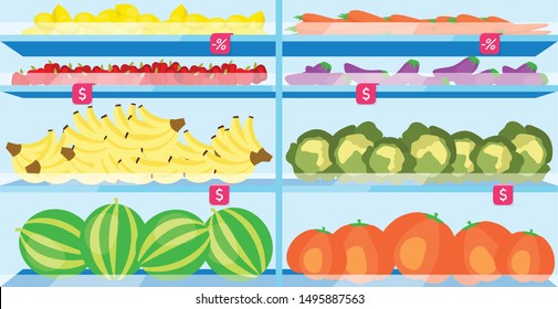 Supermarket shelves with fruits flat vector illustration. Farmers market, shop interior with fruits and vegetables. Healthy dieting, seasonal food. Vegetarian food in grocery store
