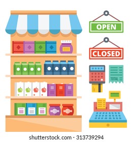 Supermarket shelves and general store equipment flat illustration concept. Modern flat design concepts for web banners, web sites, printed materials, infographics. Colorful vector illustration