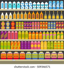 Supermarket shelves with groceries. EPS10 vector illustration in flat style.