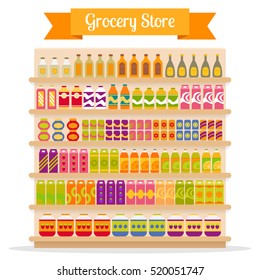 Supermarket shelves with groceries: food and drinks. EPS10 vector illustration in flat style.