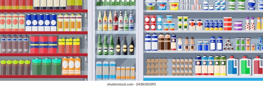 Supermarket shelves with groceries. Goods and products. Food and drinks in boxes and bottles. Various packages on racks. Mall, shop, retail store. Vector illustration in flat style