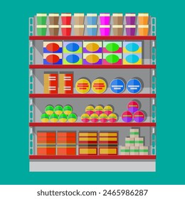 Supermarket shelves with groceries. Goods and products. Food and drinks in boxes and bottles. Various packages on racks. Mall, shop, retail store. Vector illustration in flat style