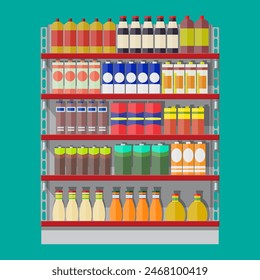 Supermarket shelves with groceries. Goods and products. Food and drinks in boxes and bottles. Various packages on racks. Mall, shop, retail store. Vector illustration in flat style