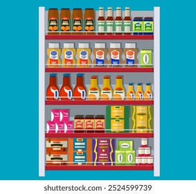 Estanterías de supermercado con comestibles. Bienes y productos. Alimentos y bebidas en cajas y botellas. Varios paquetes en bastidores. Centro comercial, tienda, tienda al por menor. Ilustración vectorial en estilo plano