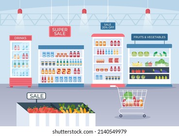 Supermarket with Shelves, Grocery Items and Full Shopping Cart, Retail, Products and Consumers in Flat Cartoon Background Illustration