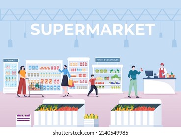 Supermarket with Shelves, Grocery Items and Full Shopping Cart, Retail, Products and Consumers in Flat Cartoon Background Illustration