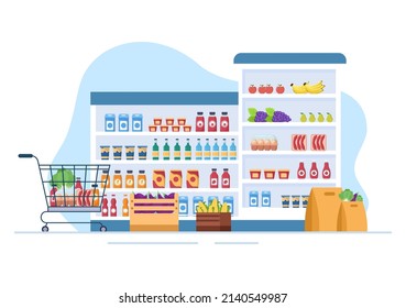 Supermarket with Shelves, Grocery Items and Full Shopping Cart, Retail, Products and Consumers in Flat Cartoon Background Illustration