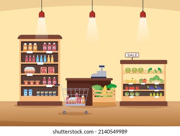 Supermarket with Shelves, Grocery Items and Full Shopping Cart, Retail, Products and Consumers in Flat Cartoon Background Illustration