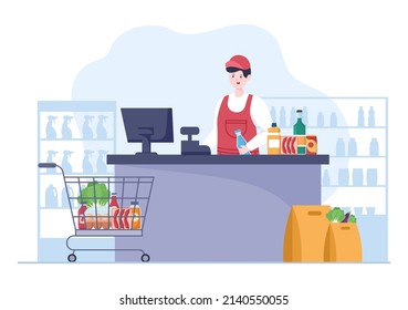 Supermarket with Shelves, Grocery Items and Full Shopping Cart, Retail, Products and Consumers in Flat Cartoon Background Illustration