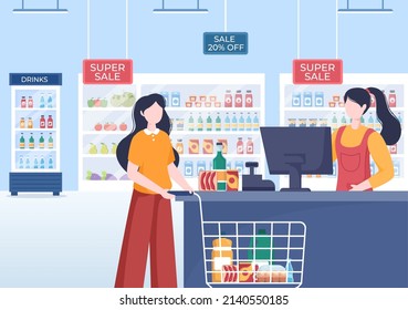 Supermarket with Shelves, Grocery Items and Full Shopping Cart, Retail, Products and Consumers in Flat Cartoon Background Illustration