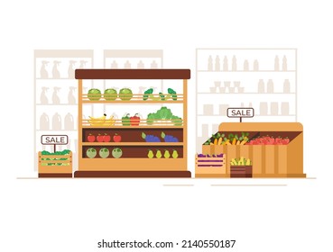 Supermarket with Shelves, Grocery Items and Full Shopping Cart, Retail, Products and Consumers in Flat Cartoon Background Illustration