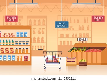 Supermarket with Shelves, Grocery Items and Full Shopping Cart, Retail, Products and Consumers in Flat Cartoon Background Illustration