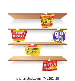 Supermarket Shelves, Holidays Christmas Sale Advertising Wobblers Vector. Retail Sticker Concept. Mega Sale Design. Holidays Xmas Best Offer. Discount Sticker. Sale Banners. Isolated Illustration