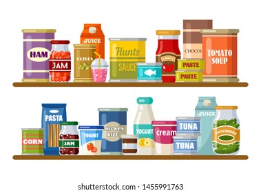 Supermarket, shelves with products and drinks