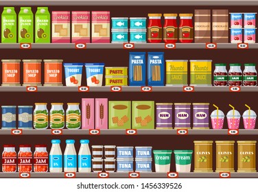 Supermarket, shelves with products and drinks