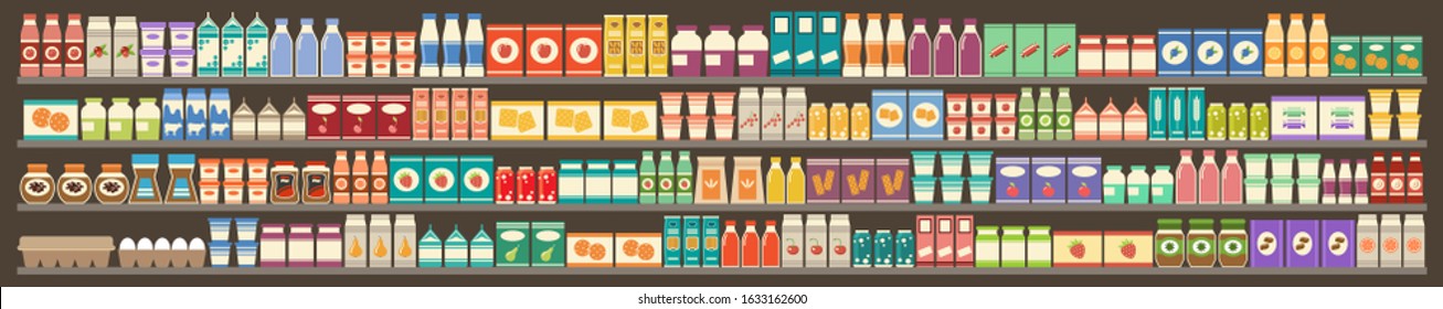 Supermarket, shelves with products and drinks. Dairy, cereals, confectionery, juices, preserves. Vector flat illustration.