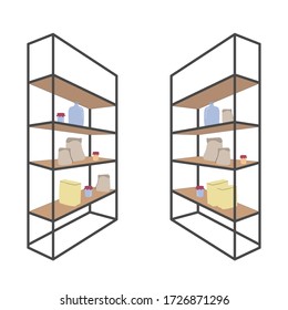 Supermarket, shelves with products and drinks. Retail and consumer concept.Essential products. Quarantine. Food supply. Cereals, canned food, water. Stock vector illustration