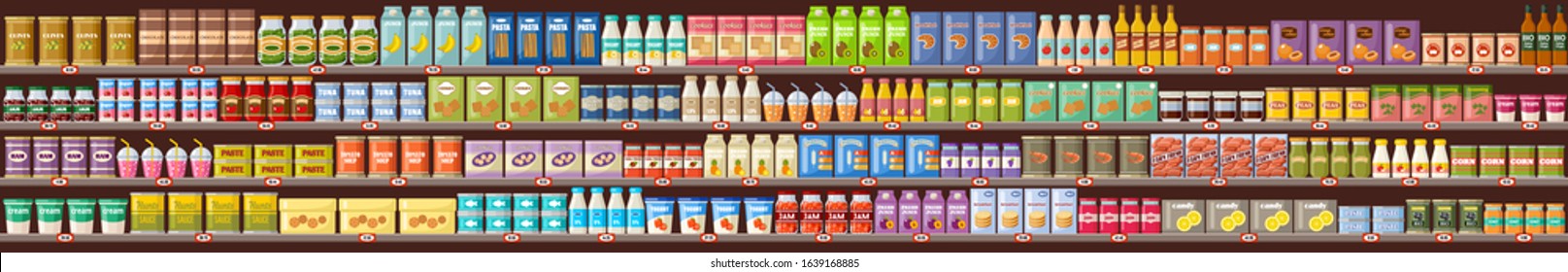 Supermarket, shelves with products and drinks. Vector flat illustration