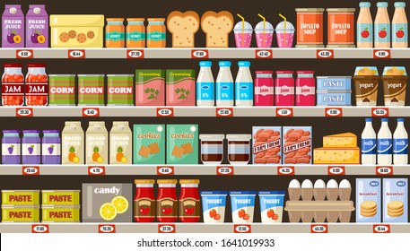 Supermarket, shelves with products and drinks. Vector flat illustration