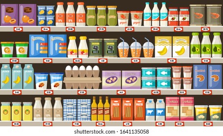 Supermarket, shelves with products and drinks. Vector flat illustration