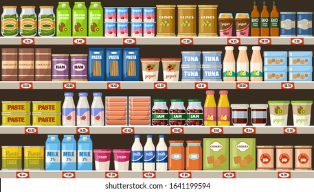 Supermarket, shelves with products and drinks. Vector flat illustration