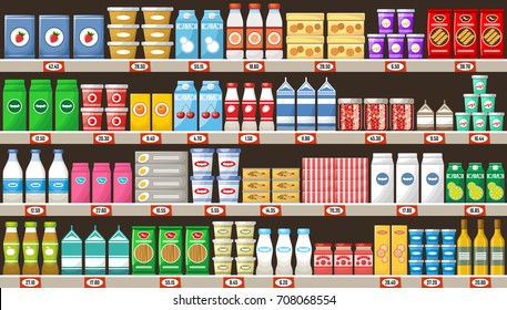 Supermarket, shelves with products and drinks. Vector