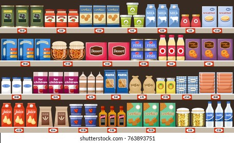 Supermarket, shelves with products and drinks. Vector