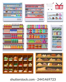 Supermarket shelves set with groceries. Goods and products. Food and drinks in boxes and bottles, bread, vegetables. Various packages on racks. Mall, shop, retail store. Vector illustration flat style