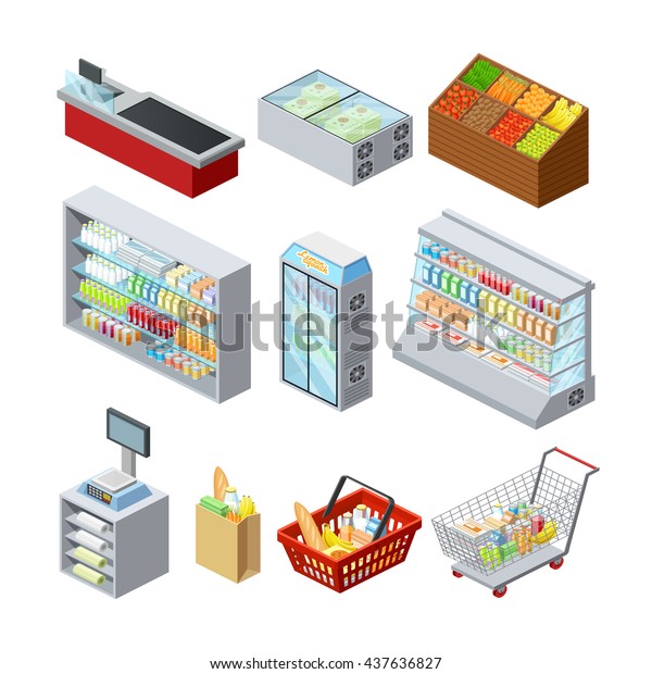 Supermarket Shelves Showcases Freezer Cashier Counter Stock Vector ...