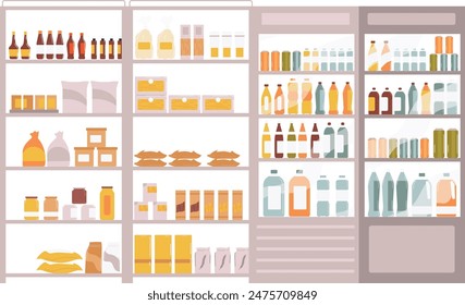 Supermarket shelves stocked various groceries, items organized, shopping display. Grocery store interior, food drinks products neatly arranged shelves. Supermarket aisle empty