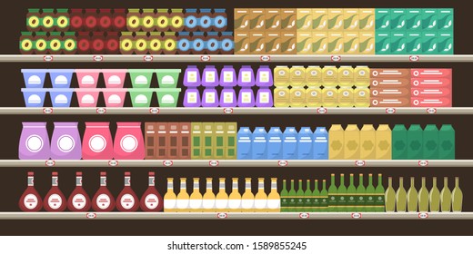 Supermarket shelves with various products. Bottle and box on shelves. Assortment of groceries in hypermarket. Merchandising concept. Vector illustartion