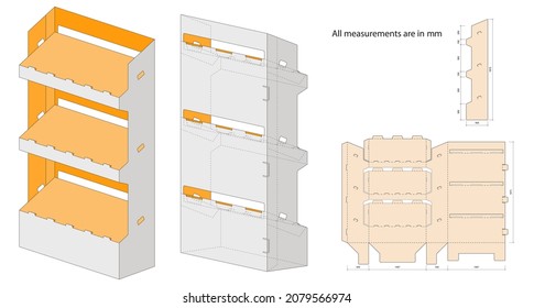 Supermarket Shelves.Modules made from Corrugated Cardboard. Box for Standard Display of Media. Simple Plug-in System.  Three-Dimensional Laser Cutting Template. Product Advertising. 