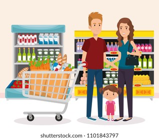 supermarket shelvings with family buying