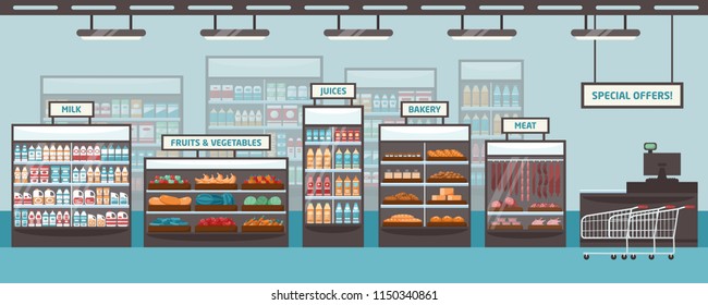 Supermarket shelvings and glass cases with various products - milk, fruits, vegetables, juices, bakery, meat. Food retailer, grocery store or shop. Colored vector illustration in flat cartoon style.