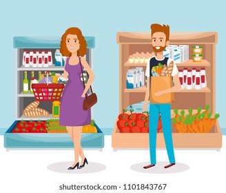 supermarket shelvings with people buying